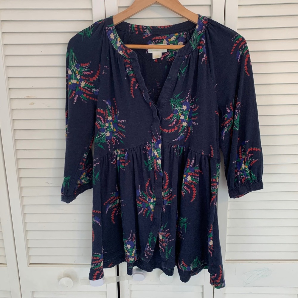 Maeve Anthropologie Winona Babydoll Tunic Top S Navy Blue Floral Cotton Button